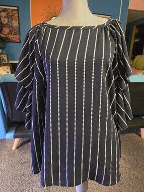 Charter Club US Women's Size 2X  Top  Blouse Navy white stripes flounce sleeves